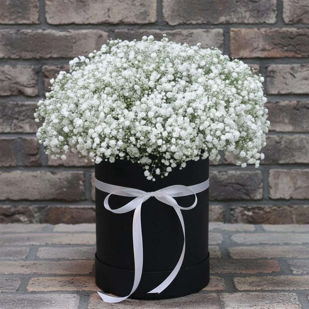 Цветочная композиция из Гипсофила в шляпной коробке в Спасское Нижегородская область