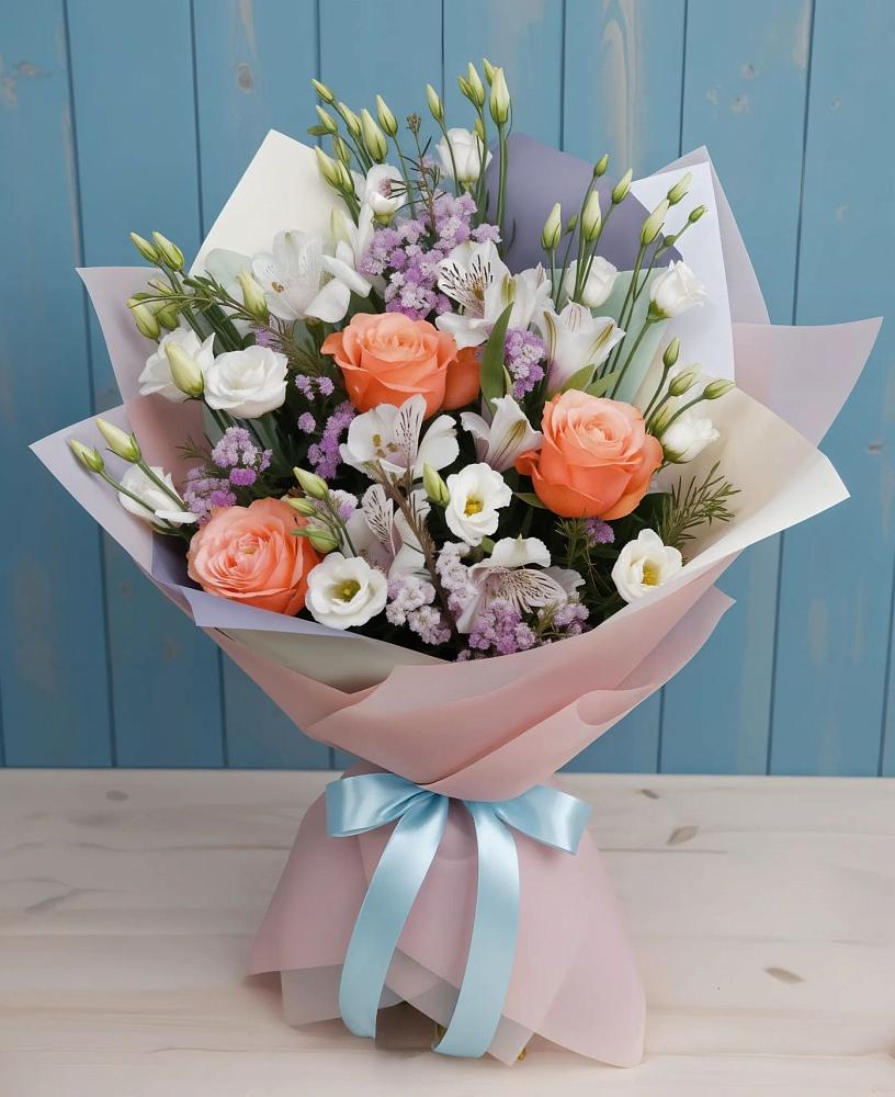 Букет цветов из: Лизиантусы, Розы, Альстромерии и Гипсофила в Спасское Нижегородская область