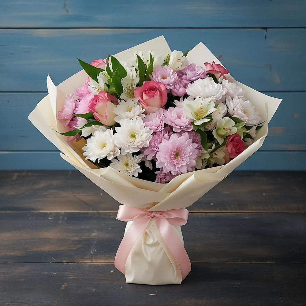 Букет цветов из: Хризантемы, Альстромерии и Розы в Спасское Нижегородская область